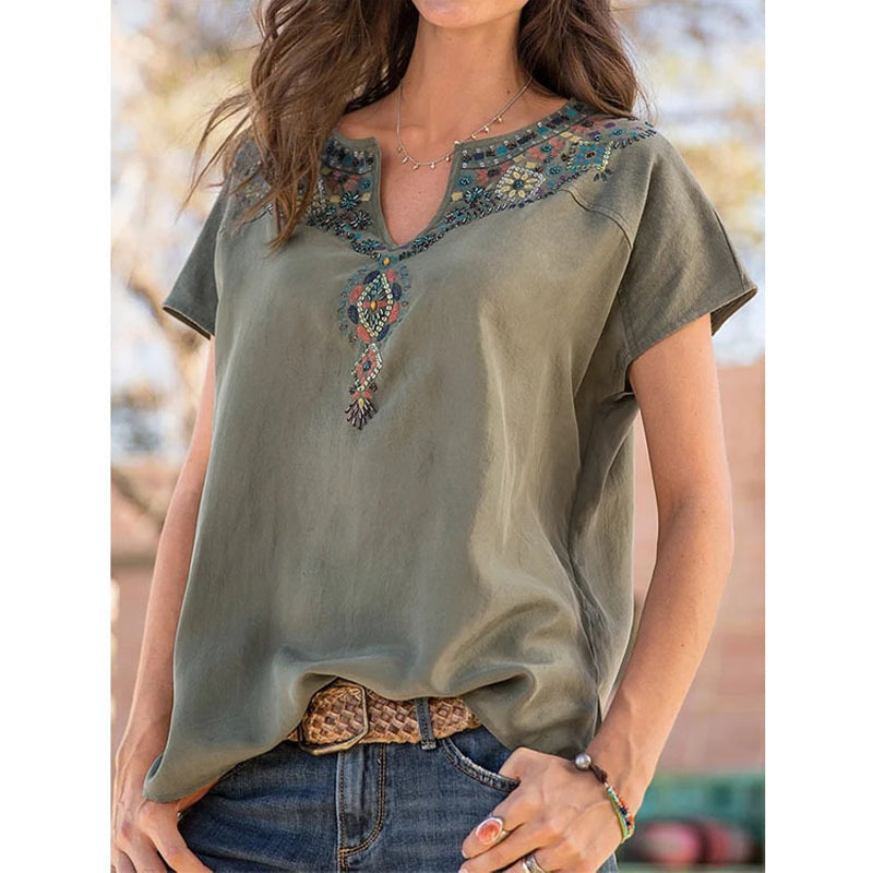 V-Neck Loose Ethnic Style T-Shirt